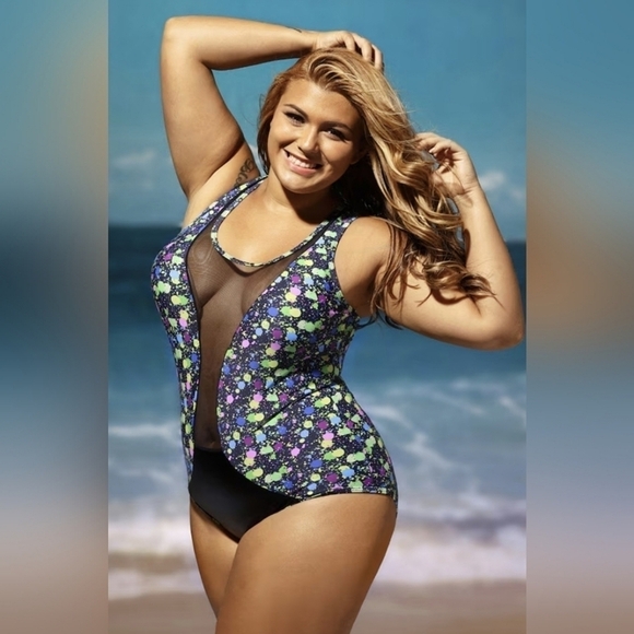 Sheer Faux Leather Colorful One Piece Swimsuit Size 3X - Picture 1 of 7